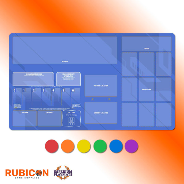 Vantage solo playmat, stitched neoprene mat for 3x3 grid, challenge dice, mission cards, compatible fan content, unofficial