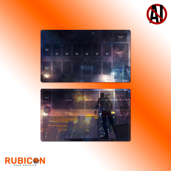 Unstoppable playmats, market or player layout, neoprene card mat, stitched edges, solo gameplay, fan-made, compatible accessory