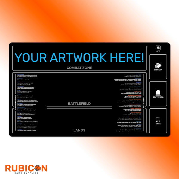 Custom New Player Keywords playmat for Magic the Gathering, great for TCG beginners, steps and phases guide, standard and extended sizes