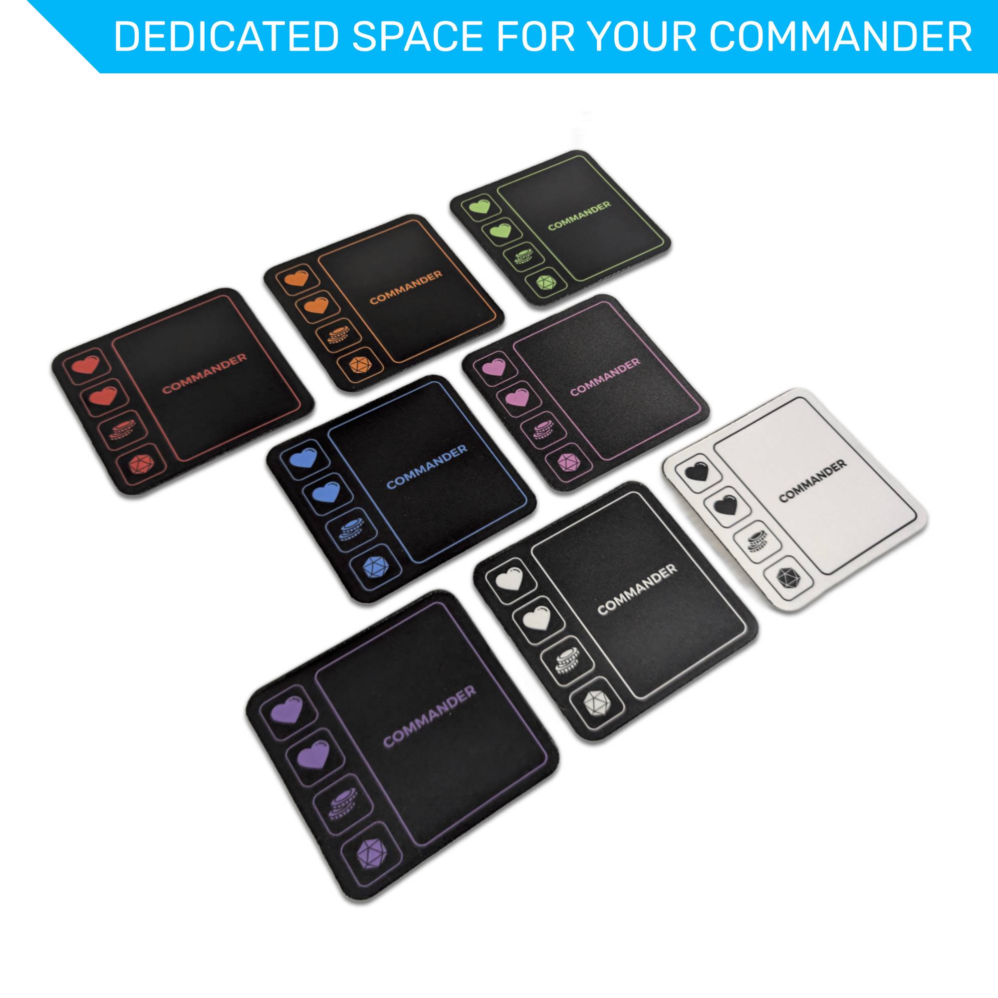 Commander Coaster for MTG, 4"x4" neoprene command zone tracker, life and tax spots, misc counter, non-slip, spill-resistant, gift-ready