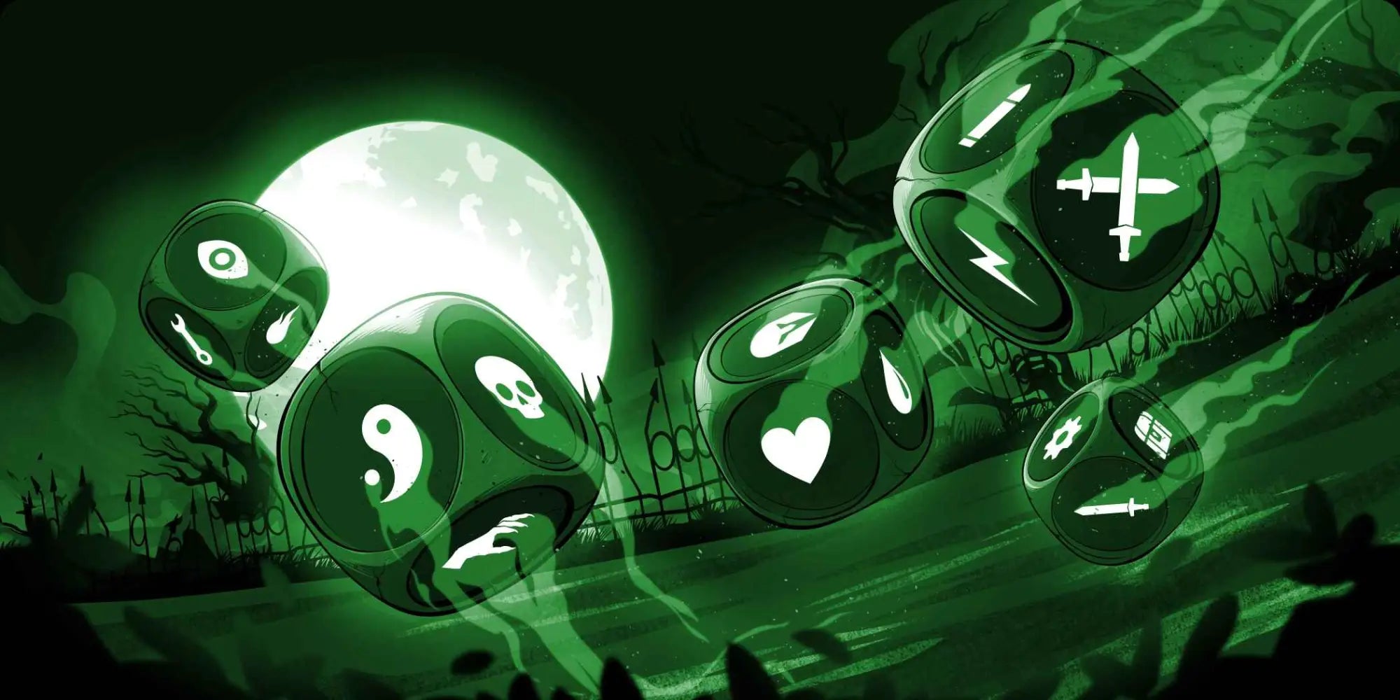 Glowing green translucent dice with white symbols floating in a spooky graveyard scene for board games by rubicon game supplies