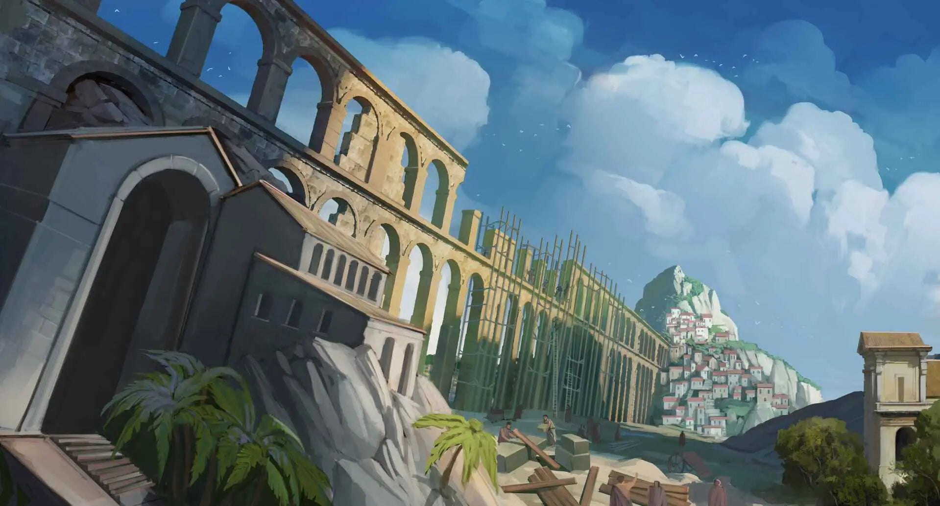 Ancient stone archway with weathered texture and arched openings in ruins for rubicon game compatible card game playmats