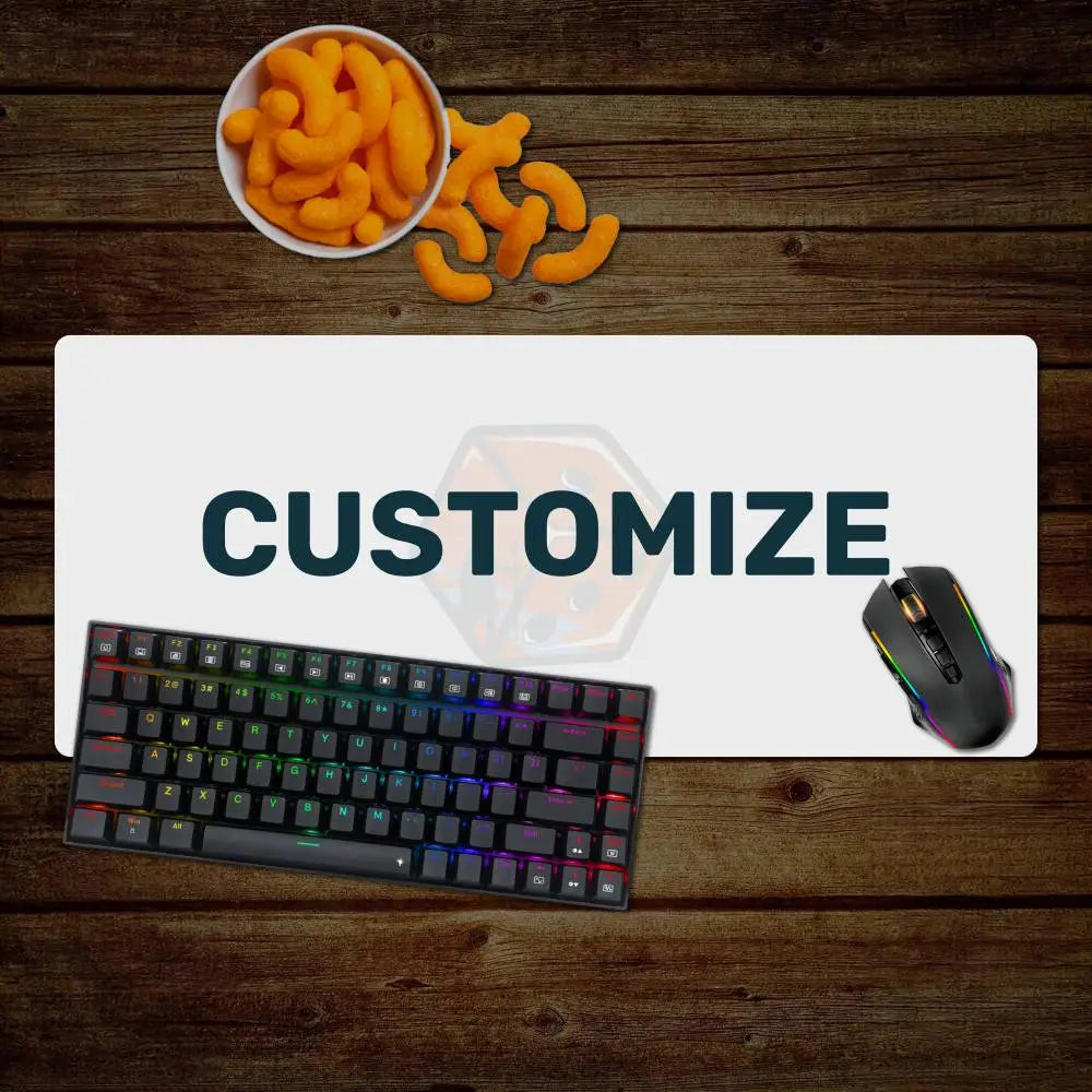 White customizable mousepad with subtle dice design and bold dark teal customize text for rubicon game supplies custom deskmats