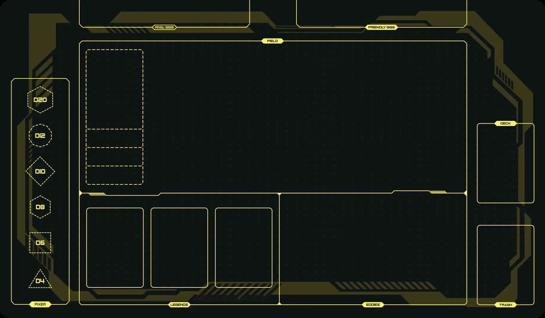 Futuristic black digital interface playmat with glowing yellow neon outlines and labeled panels by rubicon game supplies