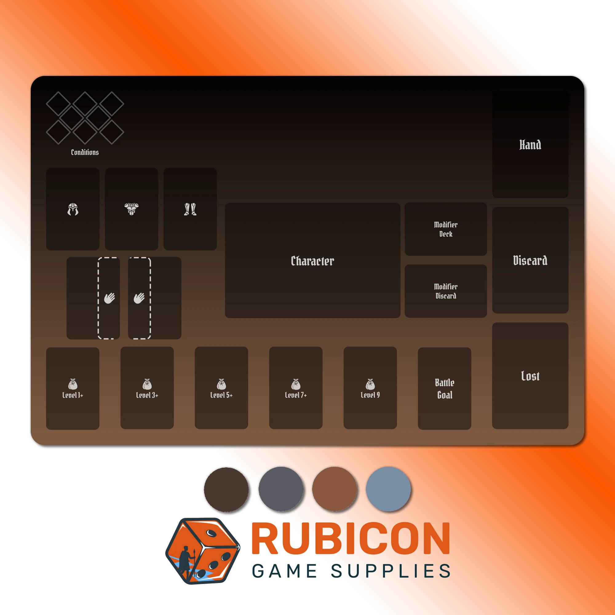 Game mat with various compartments labeled for game components, featuring Rubicon Game Supplies logo.