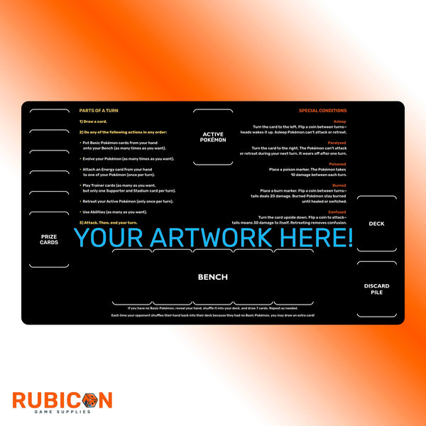 Custom Pokemon TCG playmat with keywords, learn to play mat, special conditions, unofficial fan content. standard and extended size