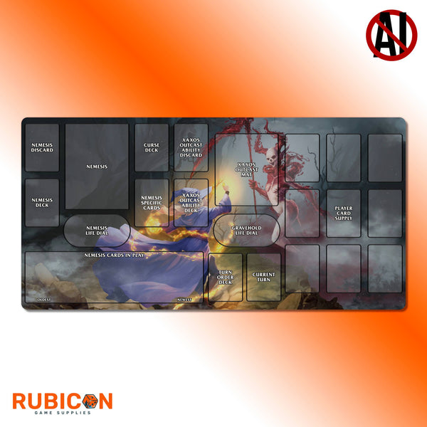 Aeon's End compatible playmats, fan content, standard and Outcasts, themed compatible game accessory, original artwork, no AI