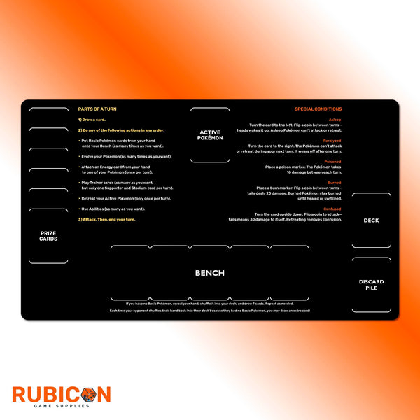 Pokemon TCG playmat for beginners, learn to play mat with turn guide, special conditions, neoprene, unofficial fan content