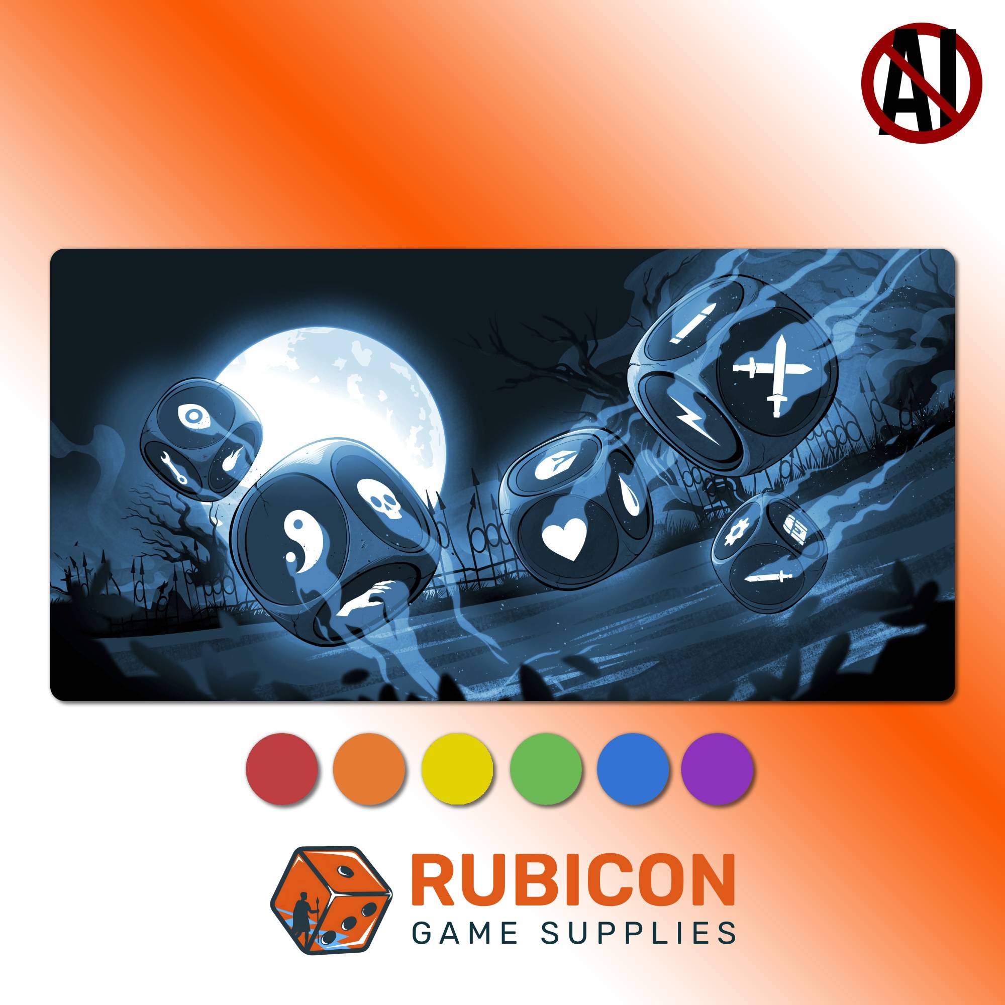 Game mat with dice throne design and Rubicon Game Supplies logo on an orange gradient background