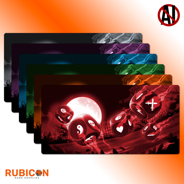 Dice Throne playmat, 28"x14" neoprene, stitched edges, vibrant colors, original fantasy art, unofficial fan accessory, 2-6 players