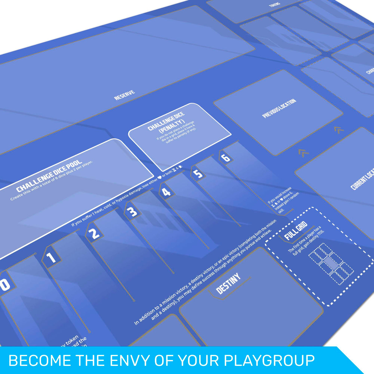Vantage solo playmat, stitched neoprene mat for 3x3 grid, challenge dice, mission cards, compatible fan content, unofficial