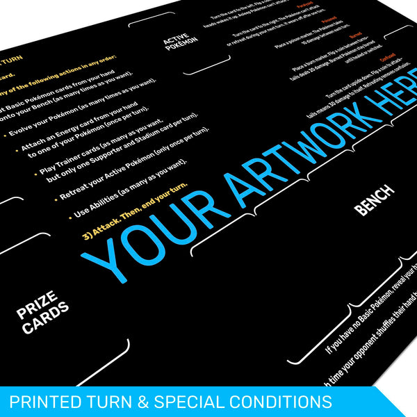 Custom Pokemon TCG playmat with keywords, learn to play mat, special conditions, unofficial fan content. standard and extended size