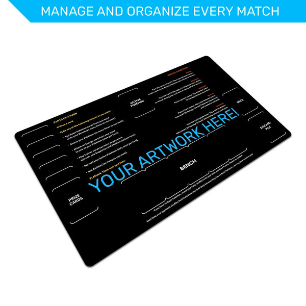 Custom Pokemon TCG playmat with keywords, learn to play mat, special conditions, unofficial fan content. standard and extended size