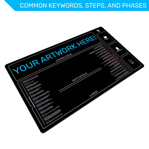 Custom New Player Keywords playmat for Magic the Gathering, great for TCG beginners,  steps and phases guide, standard and extended sizes