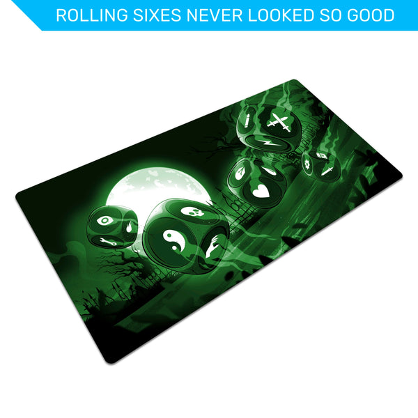 Dice Throne playmat, 28"x14" neoprene, stitched edges, vibrant colors, original fantasy art, unofficial fan accessory, 2-6 players