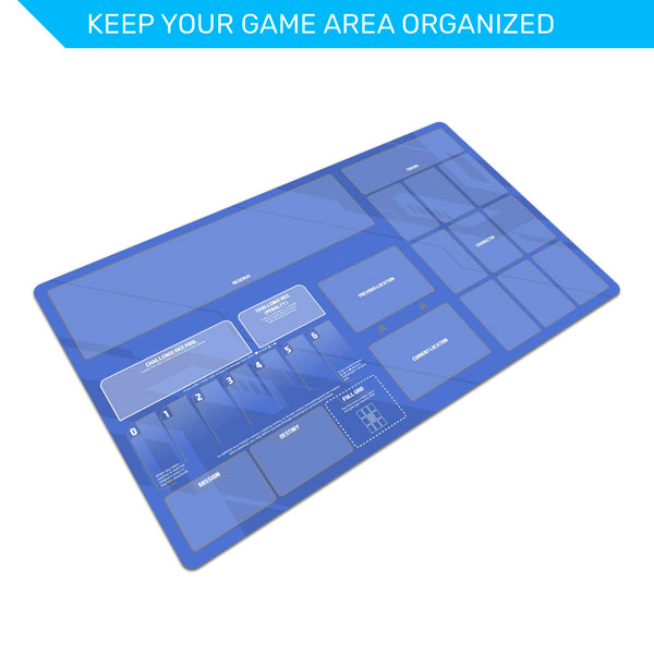 Vantage solo playmat, stitched neoprene mat for 3x3 grid, challenge dice, mission cards, compatible fan content, unofficial