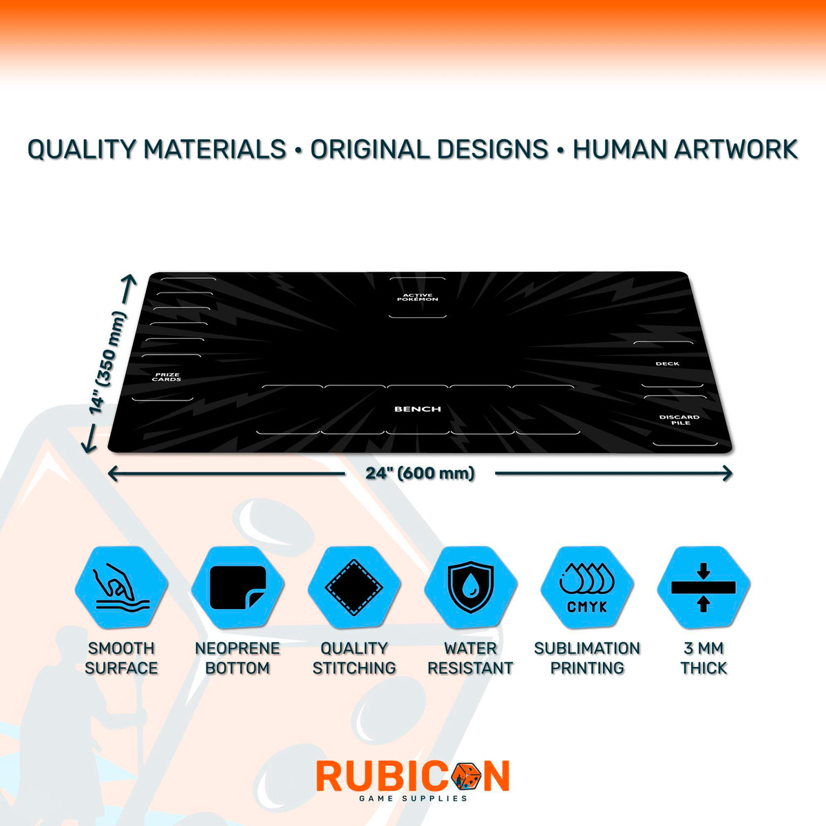 Pokemon playmat, 8 color options, beginner-friendly, neoprene mat with zones, unofficial TCG accessory, standard and extended sizes