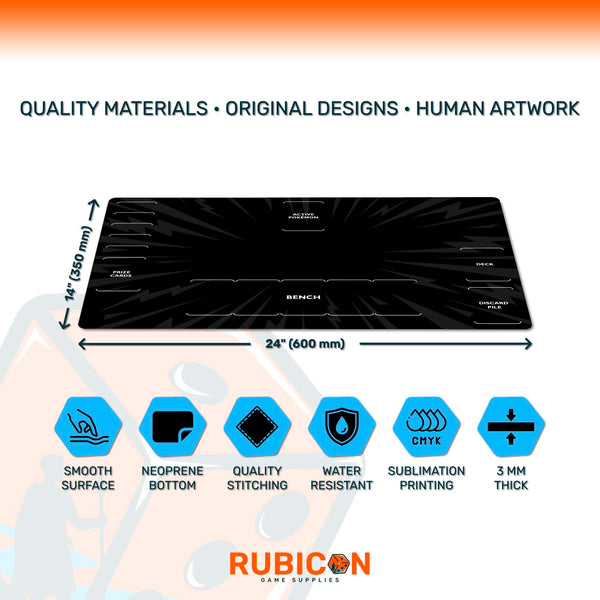 Pokemon playmat, 8 color options, beginner-friendly, neoprene mat with zones, unofficial TCG accessory, standard and extended sizes