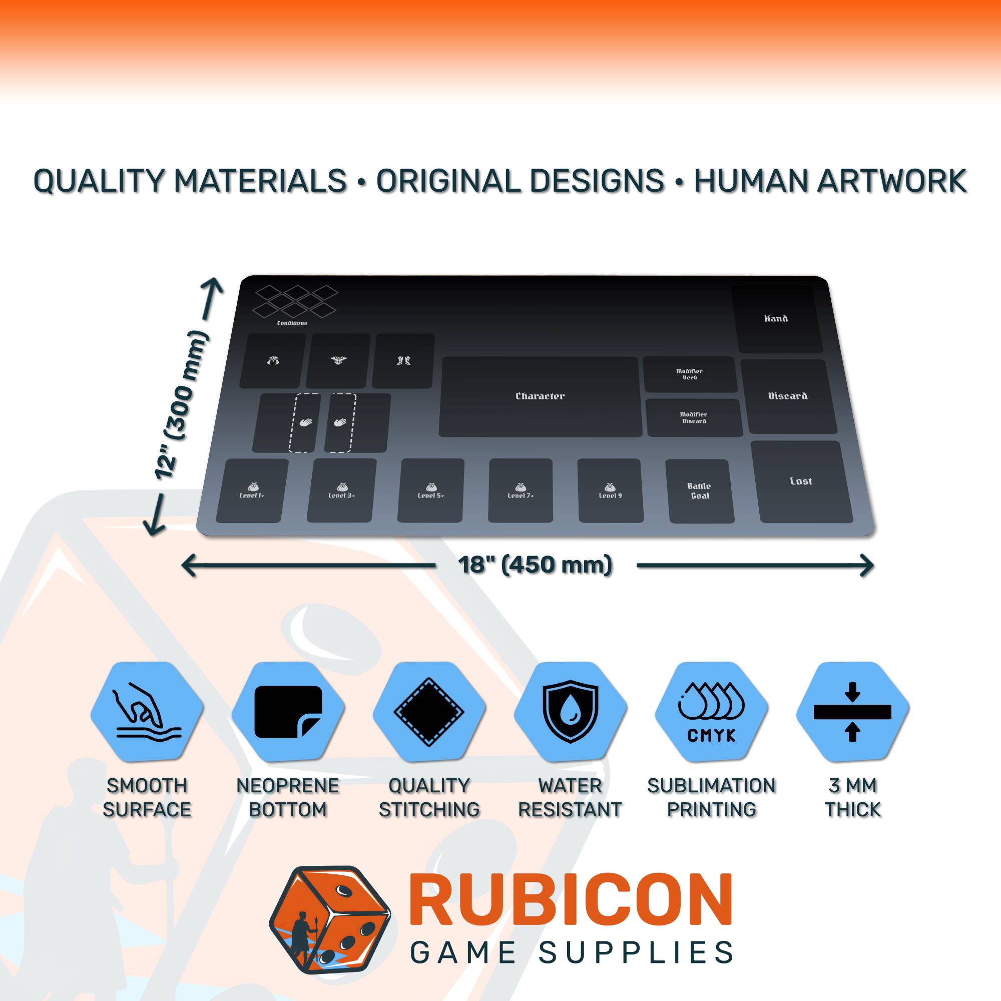 Gaming mat with features and Rubicon Game Supplies branding on a white background