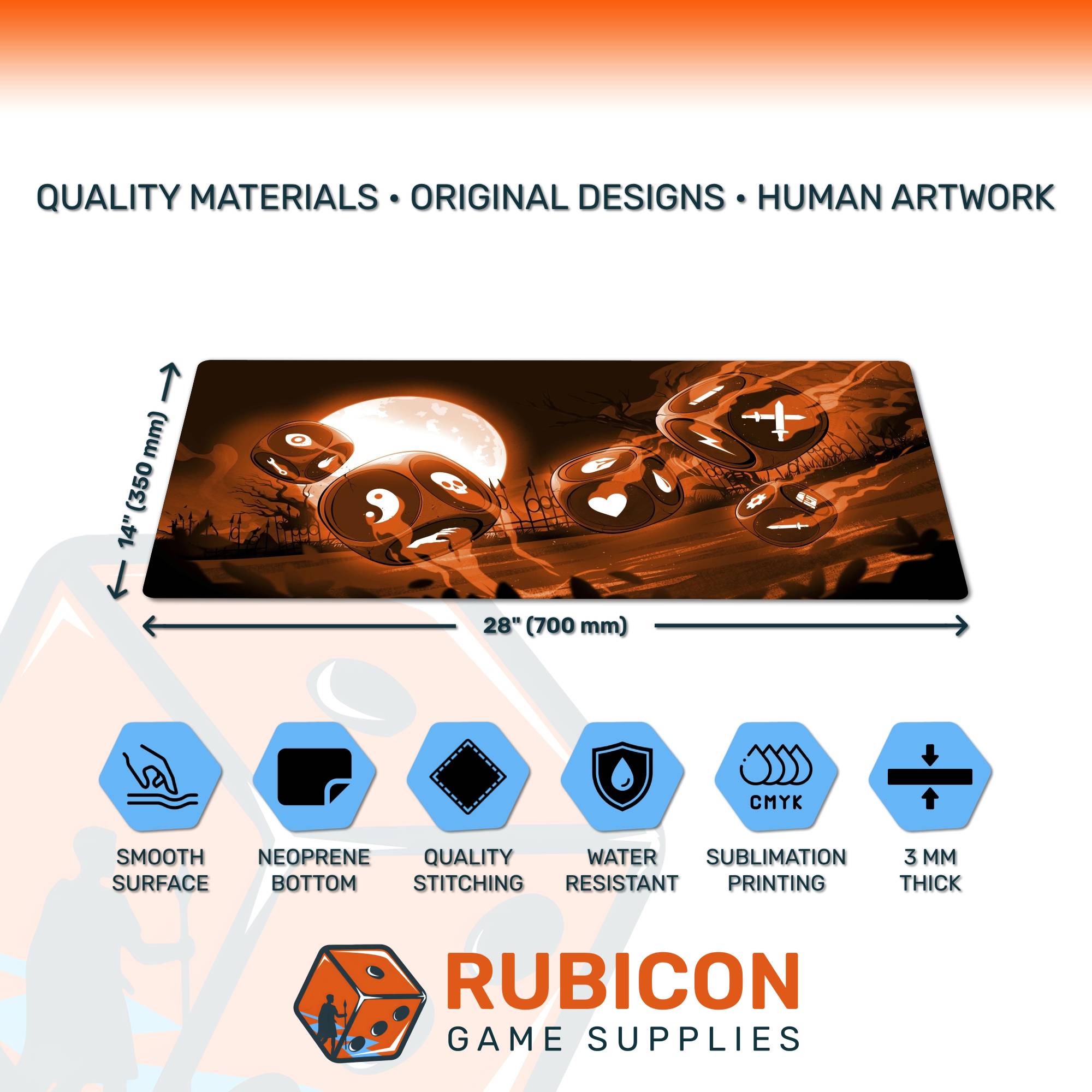 Rubicon Game Supplies mouse pad with dimensions and features on a white background