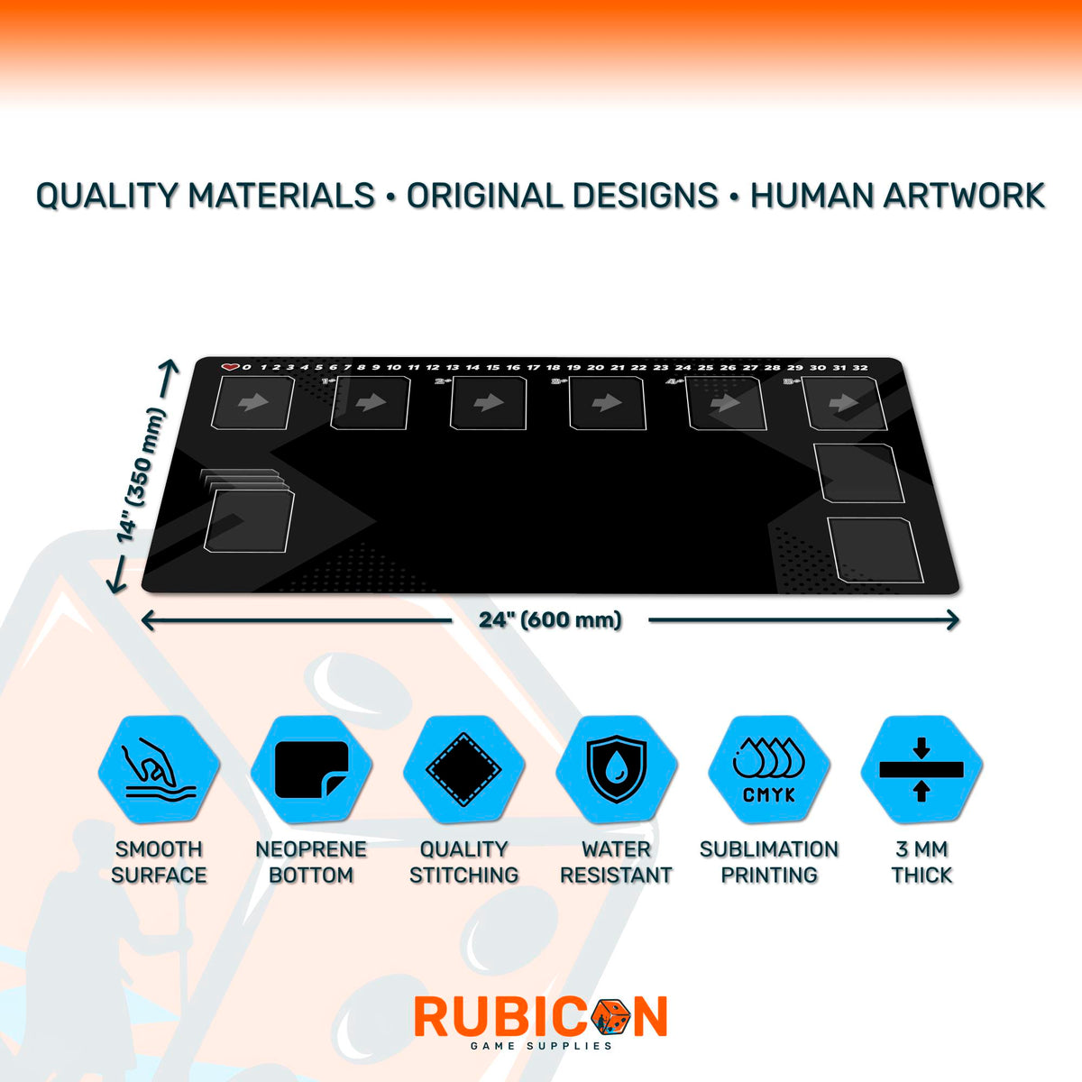 Universus TCG Playmat, 24"x14" neoprene mat, stitched edges, compatible fan content, unofficial gaming accessory