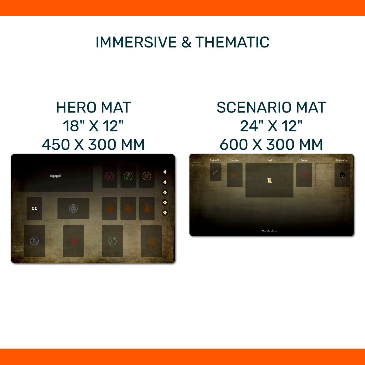 Heroes of Terrinoth playmat set, hero mat, scenario mat, neoprene, stitched edges, nonslip, printed zones, organizer, unofficial fan content