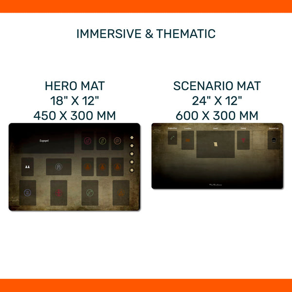 Heroes of Terrinoth playmat set, hero mat, scenario mat, neoprene, stitched edges, nonslip, printed zones, organizer, unofficial fan content
