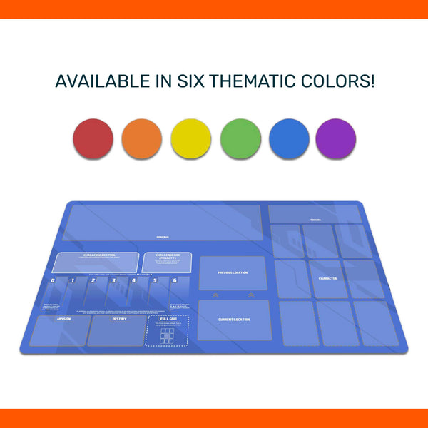 Vantage solo playmat, stitched neoprene mat for 3x3 grid, challenge dice, mission cards, compatible fan content, unofficial