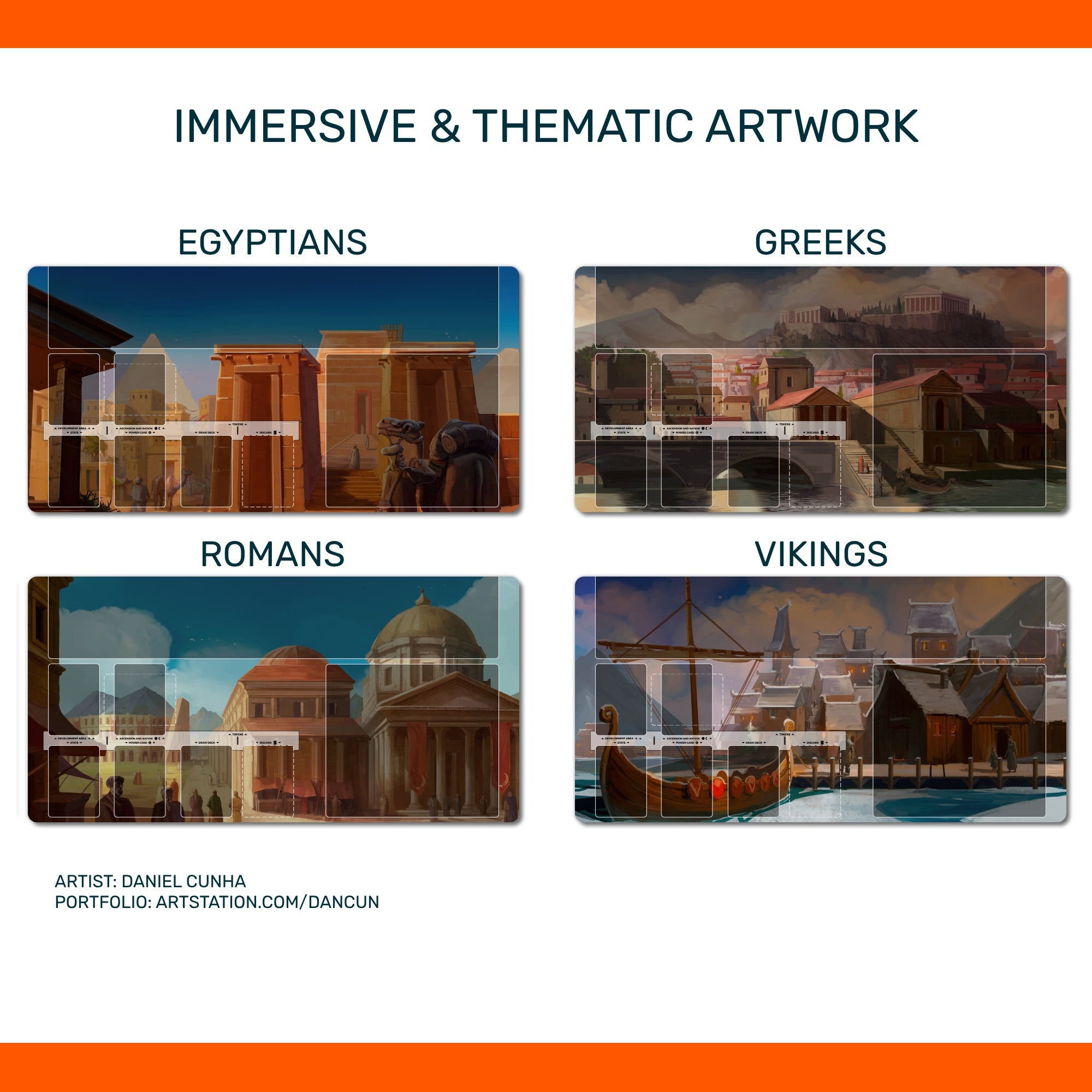 Promotional graphic for immersive and thematic artwork of Egyptians, Greeks, Romans, and Vikings by Daniel Cunha.