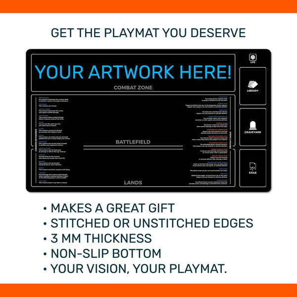 Custom New Player Keywords playmat for Magic the Gathering, great for TCG beginners,  steps and phases guide, standard and extended sizes
