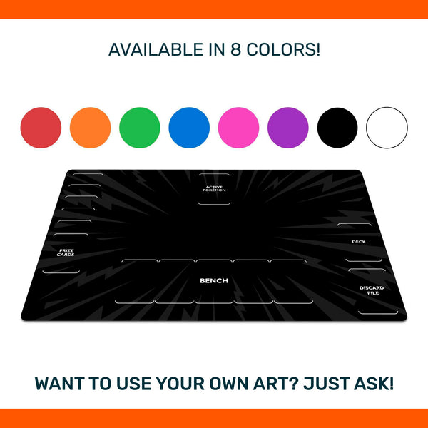 Pokemon playmat, 8 color options, beginner-friendly, neoprene mat with zones, unofficial TCG accessory, standard and extended sizes