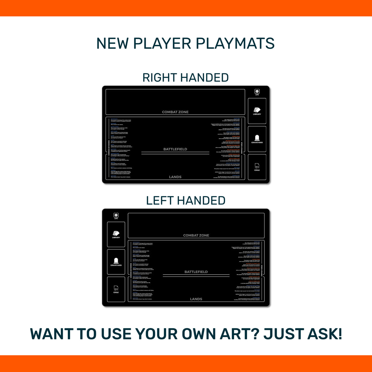 New Player Keywords playmat for Magic the Gathering, great for TCG beginners, 60-card formats, steps and phases guide, standard and extended sizes