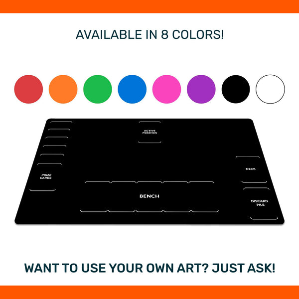 Pokemon playmat, 8 color options, beginner-friendly, neoprene mat with zones, unofficial TCG accessory, standard and extended sizes