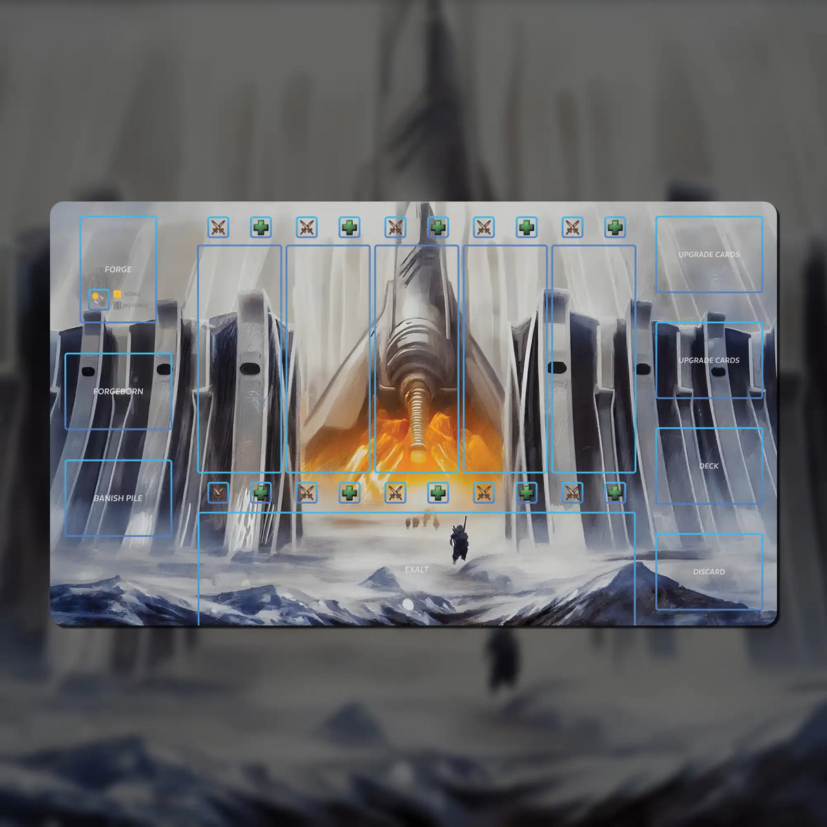 Custom 24" x 14" SolForge Fusion playmat made of 3 mm neoprene with stitched edges and non-slip rubber backing. Features zones for lanes, deck, discard pile, upgrades, Forgeborn, and exalts.