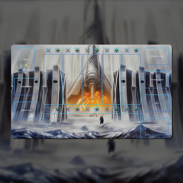 Custom 24" x 14" SolForge Fusion playmat made of 3 mm neoprene with stitched edges and non-slip rubber backing. Features zones for lanes, deck, discard pile, upgrades, Forgeborn, and exalts.