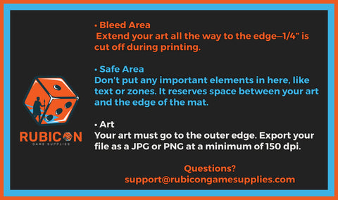 Custom 24 x 14 playmat template showing the total size, safe area and usable area