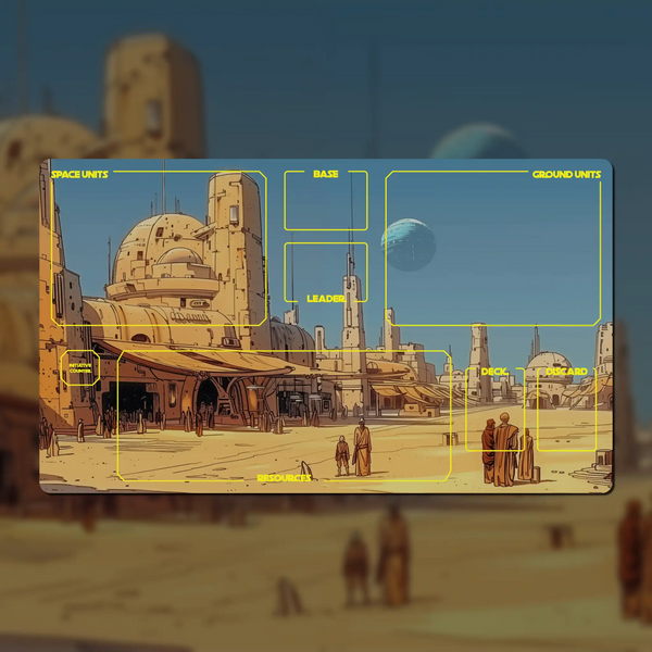 Custom Star Wars: Unlimited playmat, 24" x 14", made of 3 mm neoprene with stitched edges and a non-slip rubber backing. Features dedicated zones for base, leader, ground forces, and space forces. Personalize with fonts, colors, and Star Wars-inspired backgrounds.