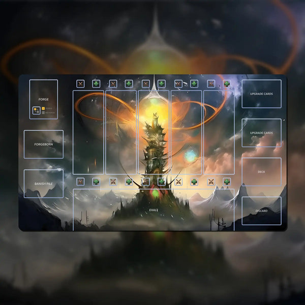 Custom 24" x 14" SolForge Fusion playmat made of 3 mm neoprene with stitched edges and non-slip rubber backing. Features zones for lanes, deck, discard pile, upgrades, Forgeborn, and exalts.
