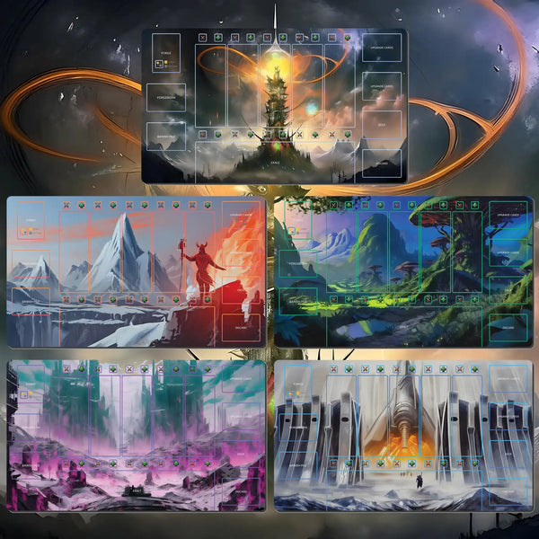 Custom 24" x 14" SolForge Fusion playmat made of 3 mm neoprene with stitched edges and non-slip rubber backing. Features zones for lanes, deck, discard pile, upgrades, Forgeborn, and exalts.