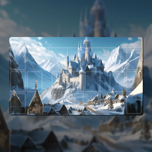 Flesh and Blood playmat crafted from durable 3 mm neoprene with stitched edges, featuring vibrant 4K high-definition artwork inspired by the game's lore. Available with or without zones, including options for single, double, or classic layouts, it offers clear areas for equipment, hero, pitch, and combat chain while maintaining a non-slip rubber base for stability during gameplay.