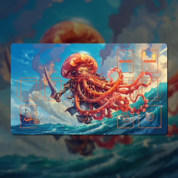 Custom 24" x 14" Mindbug playmat made of 3 mm neoprene with stitched edges and a non-slip rubber backing. Features high-resolution artwork and ample space for cards and tokens. Compatible with Mindbug: First Contact, Beyond, Evolution, and Battlefruits.