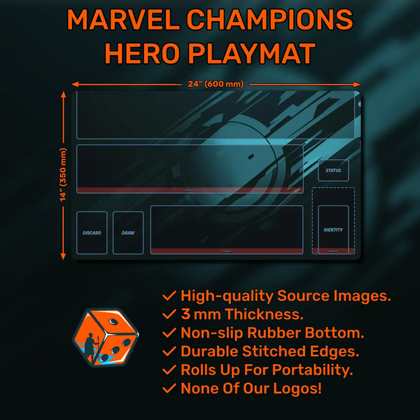 Marvel Champions Hero Dashboard playmat, 24" x 14", made of 3 mm neoprene with stitched edges and a non-slip rubber backing. Features zones for identity cards, upgrades, supports, allies, resources, and status effects. Perfect for organized and immersive Marvel Champions gameplay.