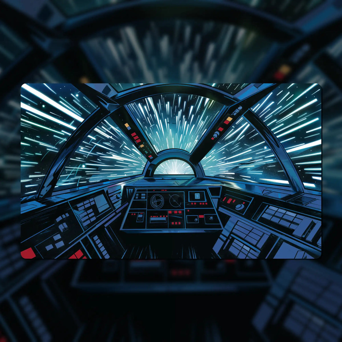 Custom Star Wars: Unlimited playmat, 24" x 14", made of 3 mm neoprene with stitched edges and a non-slip rubber backing. Features dedicated zones for base, leader, ground forces, and space forces. Personalize with fonts, colors, and Star Wars-inspired backgrounds.