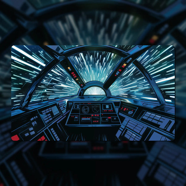 Custom Star Wars: Unlimited playmat, 24" x 14", made of 3 mm neoprene with stitched edges and a non-slip rubber backing. Features dedicated zones for base, leader, ground forces, and space forces. Personalize with fonts, colors, and Star Wars-inspired backgrounds.