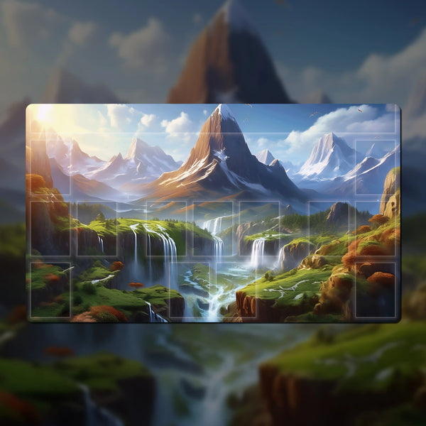Flesh and Blood playmat crafted from durable 3 mm neoprene with stitched edges, featuring vibrant 4K high-definition artwork inspired by the game's lore. Available with or without zones, including options for single, double, or classic layouts, it offers clear areas for equipment, hero, pitch, and combat chain while maintaining a non-slip rubber base for stability during gameplay.