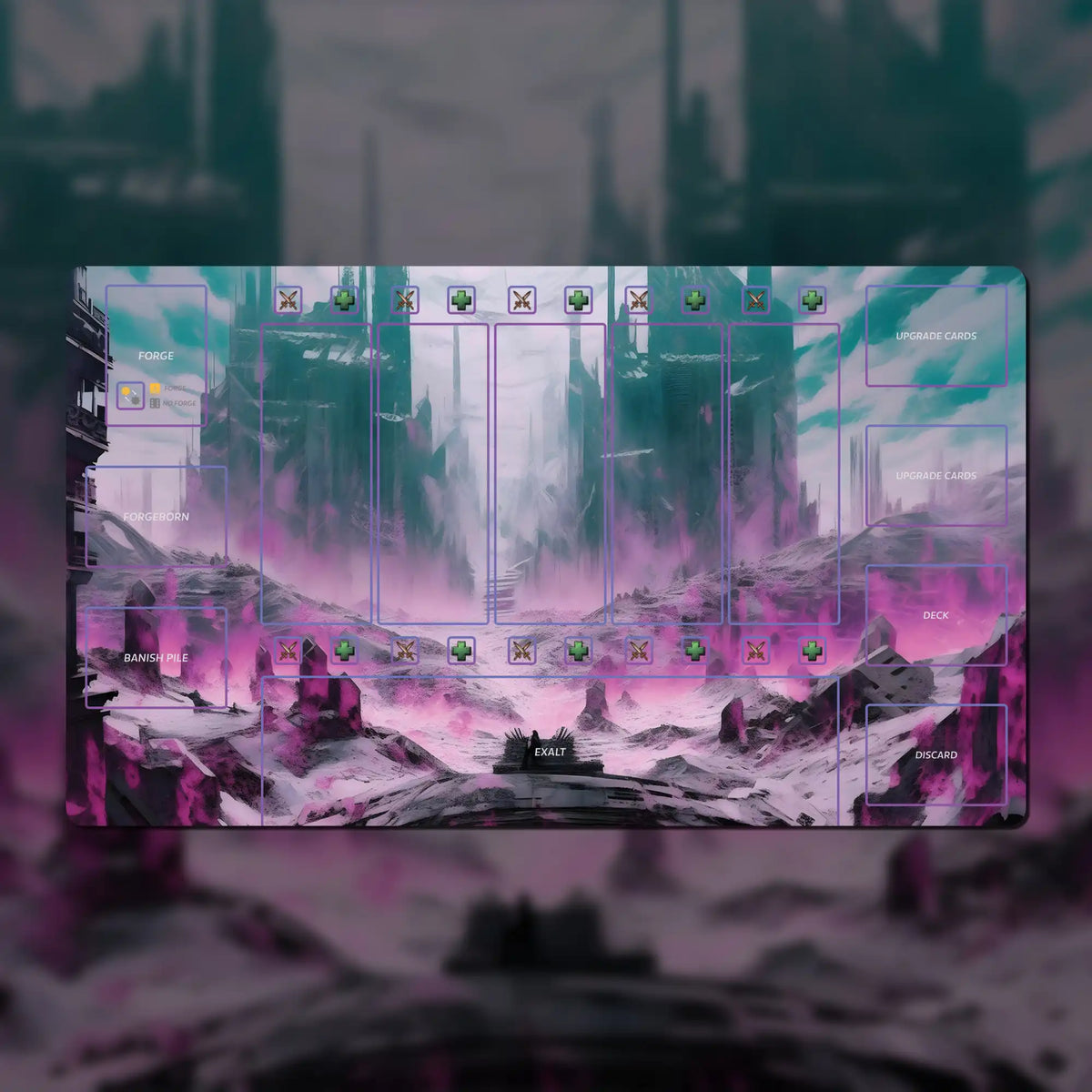 Custom 24" x 14" SolForge Fusion playmat made of 3 mm neoprene with stitched edges and non-slip rubber backing. Features zones for lanes, deck, discard pile, upgrades, Forgeborn, and exalts.