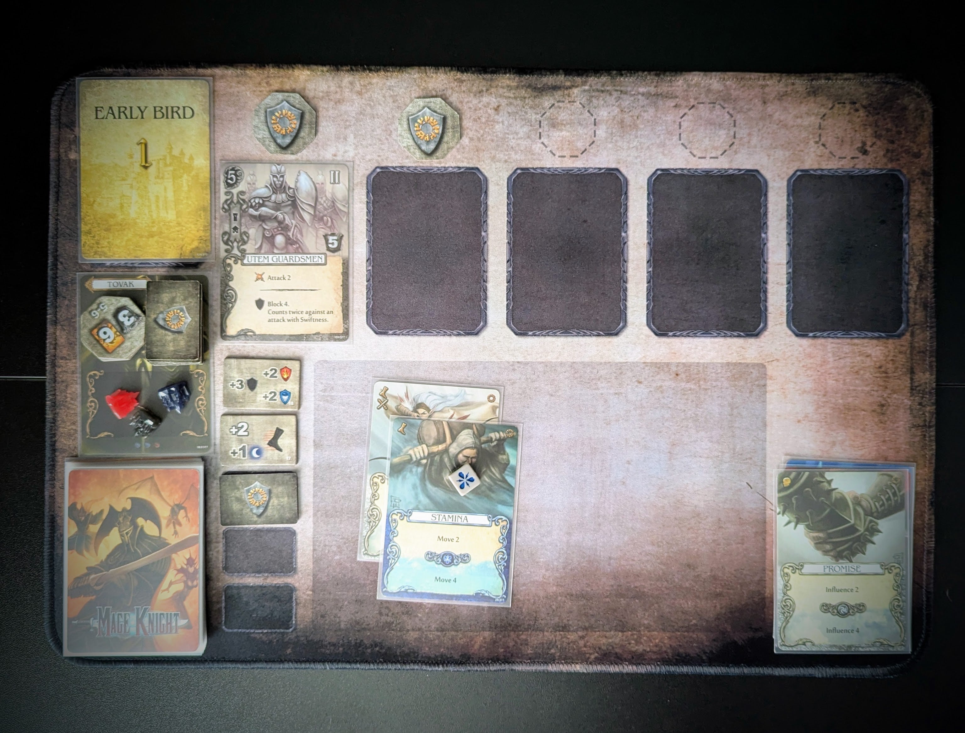 Keep your hero’s strategy sharp and organized with our Mage Knight Hero Mat, designed to bring structure and clarity to your gameplay. This 18" x 12" (450 x 300 mm) mat provides dedicated zones for all the key elements of your hero’s setup, ensuring every card and token has its place.