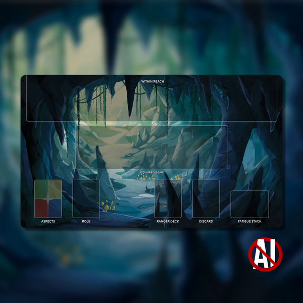 Earthborne Rangers playmat, 24" x 14", 3 mm neoprene with stitched edges and non-slip rubber backing. Features zones for Ranger deck, Path deck, Power cards, and Fatigue pile. Original artwork by @forja_studios, designed for organized and immersive gameplay.