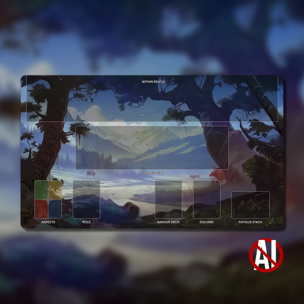 Earthborne Rangers playmat, 24" x 14", 3 mm neoprene with stitched edges and non-slip rubber backing. Features zones for Ranger deck, Path deck, Power cards, and Fatigue pile. Original artwork by @forja_studios, designed for organized and immersive gameplay.