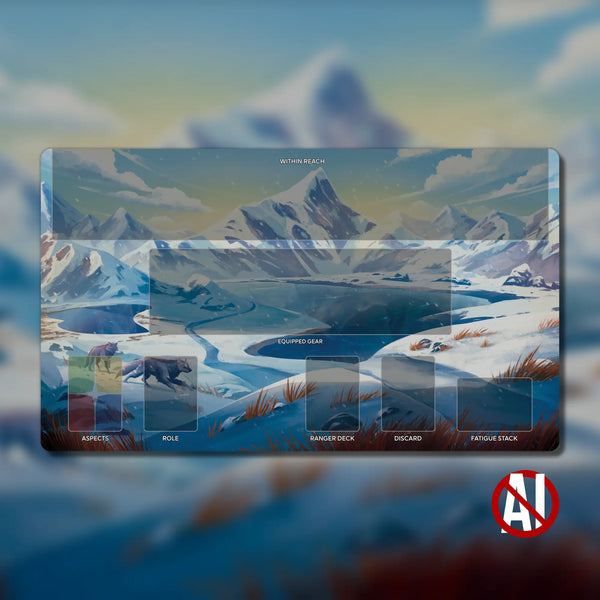 Earthborne Rangers playmat, 24" x 14", 3 mm neoprene with stitched edges and non-slip rubber backing. Features zones for Ranger deck, Path deck, Power cards, and Fatigue pile. Original artwork by @forja_studios, designed for organized and immersive gameplay.